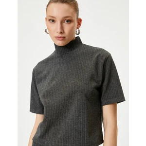 Crop Tişört Kısa Kollu Simli Dik Yaka