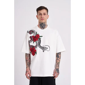 Erkek Sneaking Roses Nakışlı Oversize Ekru Tişört