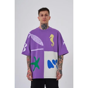 Erkek 87 Sea Shells Baskılı Oversize Mor Gri Tişört