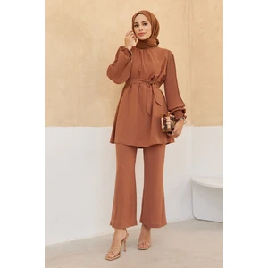 Kolları Piliseli Pantolon Tunik Takım - Camel