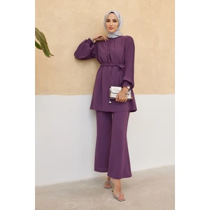 Kolları Piliseli Pantolon Tunik Takım - Leylak