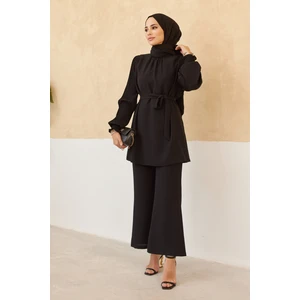 Kolları Piliseli Pantolon Tunik Takım - Siyah