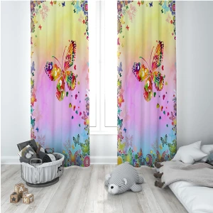 Çok Renkli Kelebek Desenli Dijital Baskı Yıkanabilir Bebek Çocuk Odası Fon Perdesi