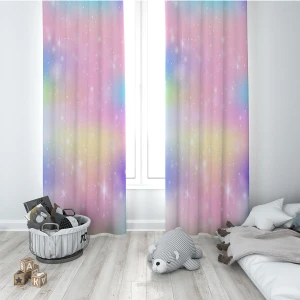 Çok Renkli Gökkuşağı Desenli Dijital Baskı Yıkanabilir Bebek Çocuk Odası Fon Perdesi