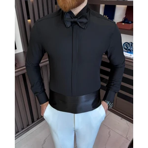 Terzi Adem Altun Italyan Kesim Slim Fit Damatlık Ata Yaka Erkek Gömlek Siyah T7525