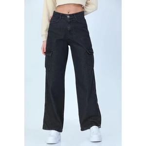 Kız Çocuk Kargo Cep Detaylı Yüksek Bel Wide Leg Kot Pantolon-Pnt-0029