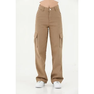 Kız Çocuk Kargo Cep Detaylı Yüksek Bel Wide Leg Vizon PANTOLON-PNT-0029