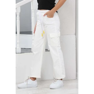 Kız Çocuk Kargo Cep Detaylı Yüksek Bel Wide Leg Beyaz PANTOLON-PNT-0029