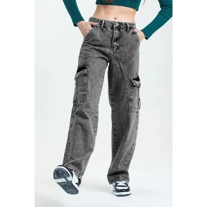 Kız Çocuk Kargo Cep Detaylı Yüksek Bel Wide Leg Füme Kot PANTOLON-PNT-0029