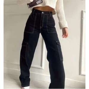 Kız Çocuk Siyah Ters Diliş Detaylı Denim Kargo Pantolon Kot Jean-PNT-0026