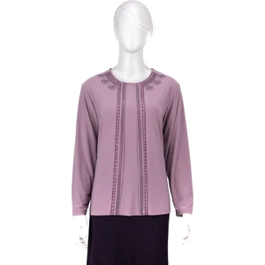 Kadın Sandy Kumaş Anne Bluz Inci Taşlı Boncuklu Yuvarlak Yaka Likralı Rahat Kesim Tam Kalıp