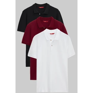 D'S Damat Regular Fit Siyah/Bordo/Beyaz Pike Dokulu %100 Pamuk Polo Yaka T-Shirt 6HC14ORTBN510