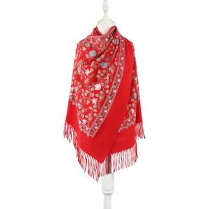 Bursa İpek Kırmızı Nakışlı Kışlık Şal