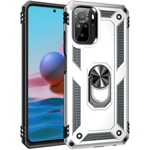 Xiaomi Redmi Note 10S Kılıf Tank Koruma Standlı Yüzüklü Mıknatıslı Gümüş