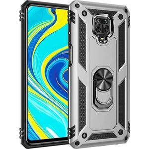 Xiaomi Redmi Note 9s Kılıf Tank Koruma Standlı Yüzüklü Mıknatıslı Gümüş