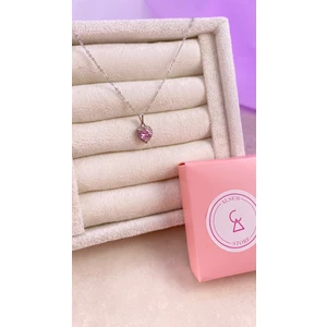 Gümüş/gold Kaplama Kalp Detaylı Kolye , Pembe Kalp Işlemeli Kolye , Mor Kalpli Tasarım Kolye