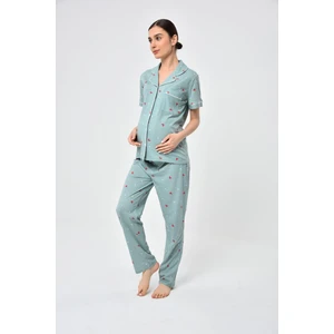 Penye Önden Düğmeli Hamile Lohusa Kısa Kol Pijama Takımı ,%100 Cotton