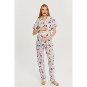 Penye Önden Düğmeli Hamile Lohusa Kısa Kol Pijama Takımı ,%100 Cotton