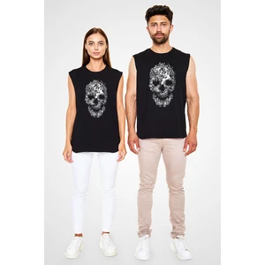 Kelebekli Kurukafa Siyah Unisex Kolsuz Tişört Kesik Kol T-Shirt