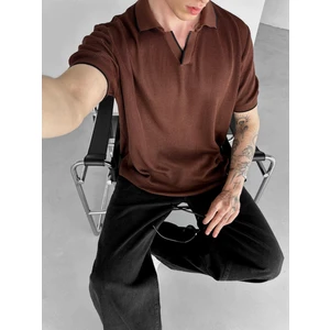 Erkek Yarım Pat Gömlek Yaka Triko T-Shirt Kahverengi