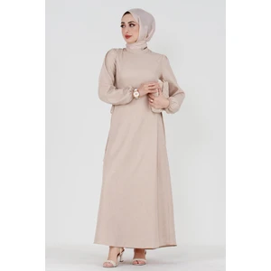 Yanı Bağcıklı Keten Elbise-Bej