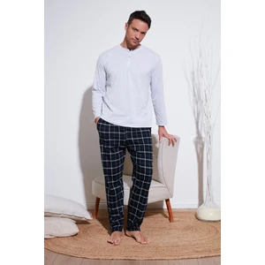 Ekoseli Pamuklu Beli Lastikli Regular Fit Uzun Kollu  Erkek Pijama Takımı 6572003
