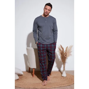 Ekoseli Pamuklu Beli Lastikli Regular Fit Uzun Kollu  Erkek Pijama Takımı 6572003