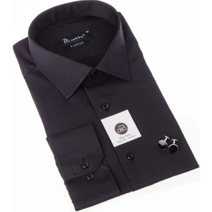 Siyah Ekstra Büyük Yaka 4 Drop Rahat Kesim Micro Kumaş Kol Düğmeli Regular Fit Erkek Gömlek - 189-6-DC24W