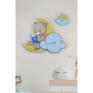 Elfida Design Sevimli Ay ve Ayıcık Çocuk Odası Ahşap Duvar Saati