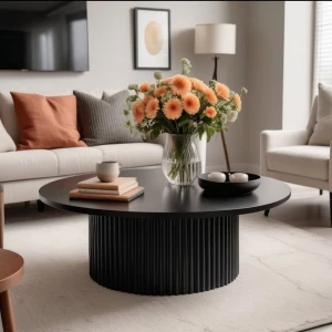 Nare, Yuvarlak Modern Çıtalı Orta Sehpa, Siyah