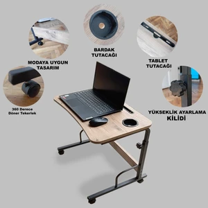 Yükseklik Ayarlı Tekerlekli Atlantik Çam Tablet ve Bardak Tutuculu Laptop Masası Çalışma Masası Kahvaltı Masası AL4255