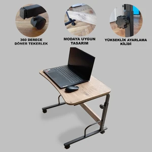 Yükseklik Ayarlı Tekerlekli Atlantik Çam Laptop Masası Çalışma Masası Yemek Masası AL4254