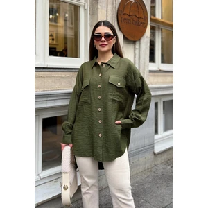 New Laviva Kadın Haki Balon Kol, Pileli, Yırtmaçlı, Oversize, Keten Tunik Gömlek