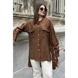 New Laviva Kadın Kahve Balon Kol, Pileli, Yırtmaçlı, Oversize, Keten Tunik Gömlek