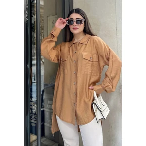 New Laviva Kadın Taba Balon Kol, Pileli, Yırtmaçlı, Oversize, Keten Tunik Gömlek