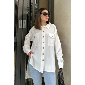 New Laviva Kadın Beyaz Balon Kol, Pileli, Yırtmaçlı, Oversize, Keten Tunik Gömlek