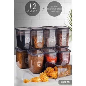 Kitchen Life 12'li Etiketli Moly Dikdörtgen Erzak Saklama Kabı Seti 2000ML -Çoklu Set Yapılabilen Kapaklı 2 Litre