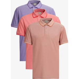 Altınyıldız Classics Erkek Kiremit-Nar Çiçeği-Mor 3'lü Çekmeyen Pamuklu Slim Fit Dar Kesim Kıvrılmaz Polo Yaka Tişört