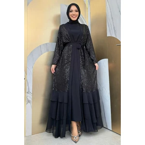 Bym Fashion Pulpayet Işlemeli Abaya ve Elbise Takım 8483 Siyah