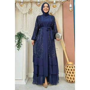 Bym Fashion Pulpayet Işlemeli Abaya ve Elbise Takım 8483 Lacivert