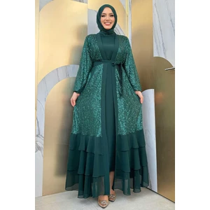 Bym Fashion Pulpayet Işlemeli Abaya ve Elbise Takım 8483 Zümrüt