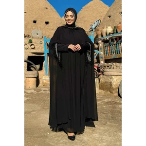 Bym Fashion Püsküllü Yakası Taş Detaylı Abayalı Elbise Takım 8494 Siyah