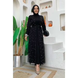 Bym Fashion Incili Abaya ve Elbise Takım 8491 Siyah