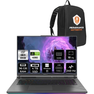 Rog Strix G18 Intel Core I9 14900HX 96GB 4tb SSD RTX4080/12GB 240Hz 18" Qhd+ W11P Taşınabilir Bilgisayar N6092 & Per4 Çanta N6092P420