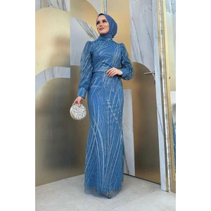 Bym Fashion Desenli Bel Kemerli Balık Abiye Elbise 1139 Indigo
