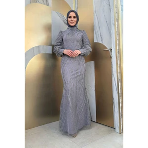 Bym Fashion Desenli Bel Kemerli Balık Abiye Elbise 1139 Gri