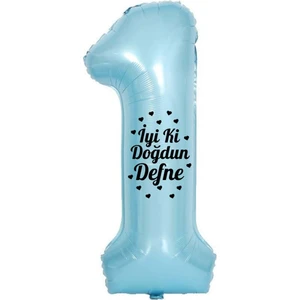 Organizasyon Pazarı 34 Inç 1 Açık Mavi Renk Kişiye Özel Iyi Ki Doğdun Yazılı Kalp Figürlü Rakam Folyo Balon
