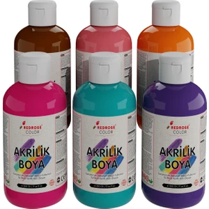 Red Rose Canlı Renkler Akrilik Boya 6'lı Set 6X250GR Dekoratif, Hobi Amaçlı, Sanatsal, Canlı Renkler