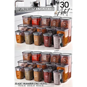 Kitchen Life 30'lu Etiketli Kare Erzak Saklama Kabı ve Kaşıklı Baharatlık Seti - (1750ML + 1200ML + 450 Ml)