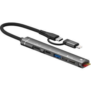 019E 5ın1 Type-C-Lightning Uyumlu Type-C Portlu Kart Okuyucu Çevirici Adaptör